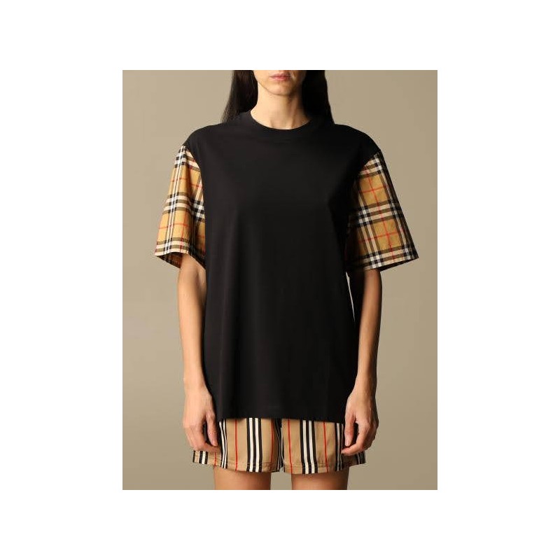BURBERRY - Cotton T-shirt with check sleeves - Black