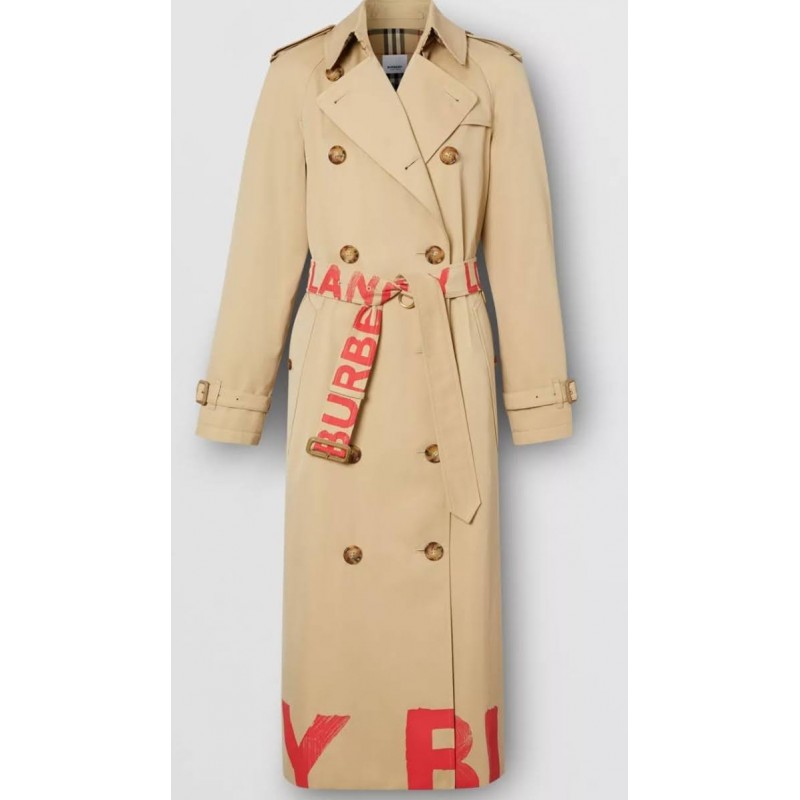 BURBERRY - Trench coat in gabardine di cotone con stampa con logo - Honey