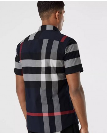 BURBERRY - Short Sleeve Shirt With Check -Navy Check Pattern