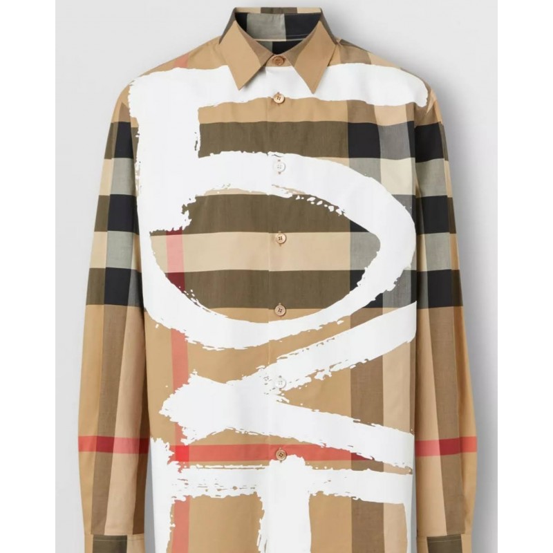 BURBERRY - Oversized shirt with check motif and Love writing - Archive Beige