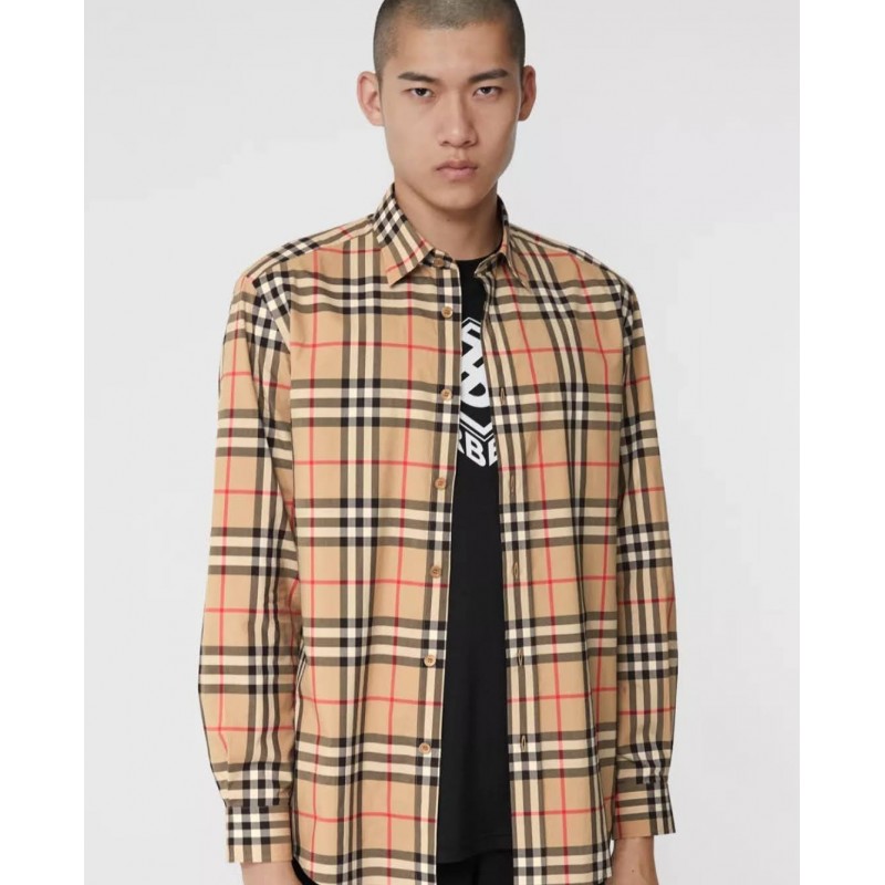 BURBERRY - Cotton poplin shirt with check pattern - Archive Beige