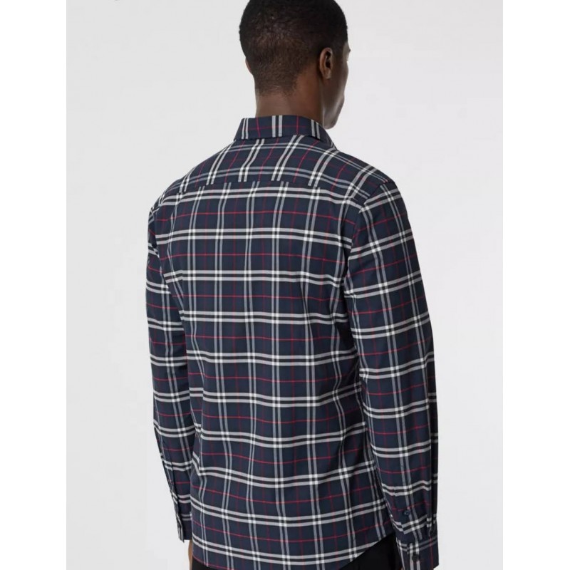 BURBERRY - Stretch Cotton Shirt With Miniature Check Pattern - Navy Check