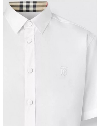 BURBERRY - Camicia a maniche corte in cotone stretch con monogramma - Bianco
