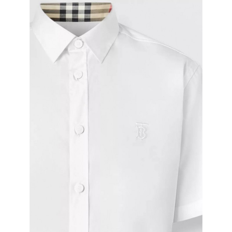 BURBERRY - Short-sleeved stretch cotton shirt with monogram - White