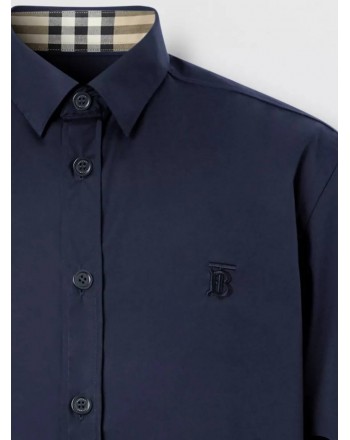 BURBERRY - Short Sleeved Stretch Cotton Shirt With Monogram - Navy