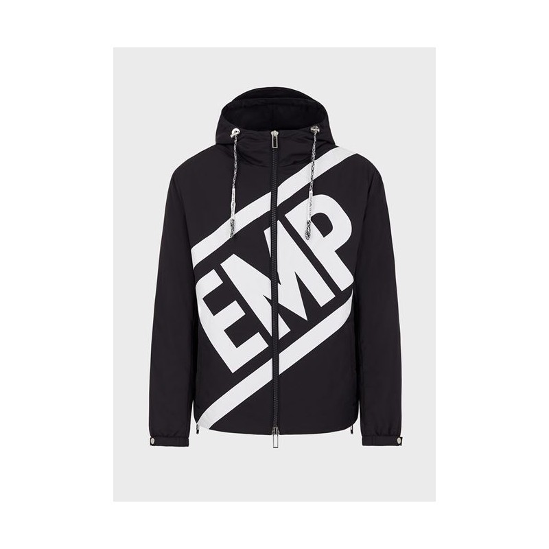 EMPORIO ARMANI - Opaque nylon jacket with maxi transversal logo - Blue