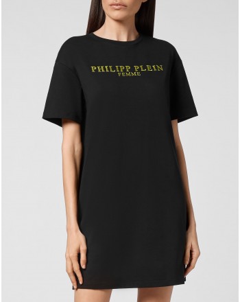 PHILIPP PLEIN - Iconic gold PLEIN t-shirt dress WTG0358 - Black