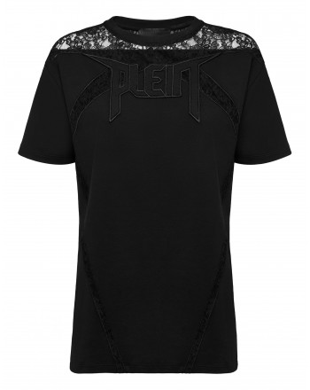 PHILIPP PLEIN - Crewneck T-Shirt with lace inserts WTK2184 - Black