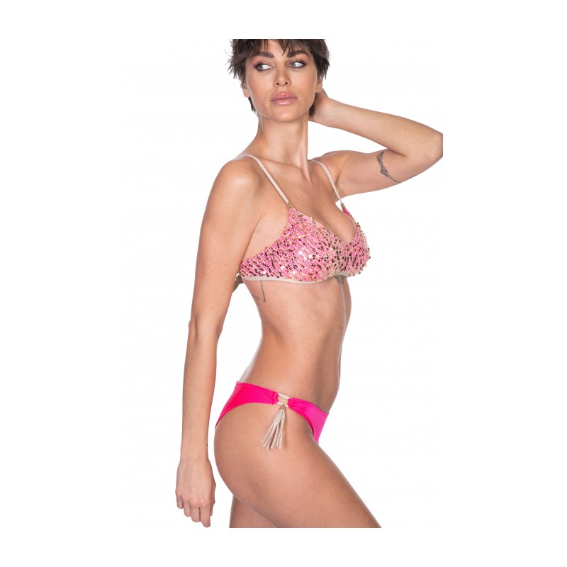 PIN-UP STARS - Padded Bandeau Bikini Brazilian Briefs Paillettes Mesh PA021CF - Fuchsia