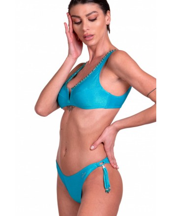PIN-UP STARS - Bikini Brassiere Slip Bows Embroidery Iridescent Lurex Crystals PA072F - Turquoise