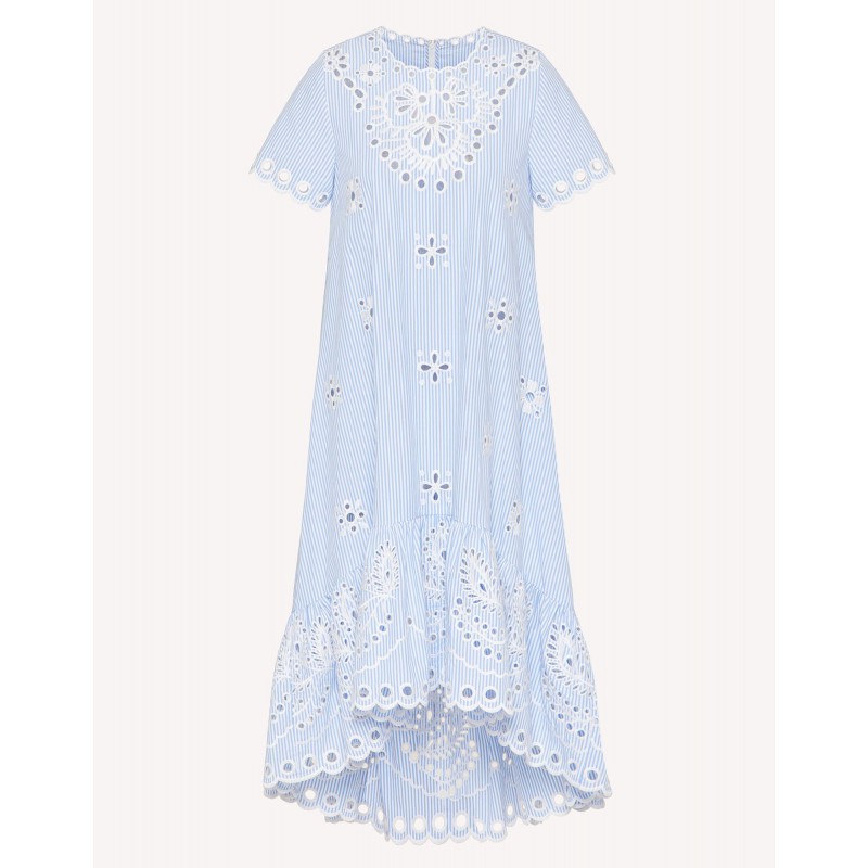RED VALENTINO - Cotton Dress with Broderie Anglaise Lace - White/Light Blue