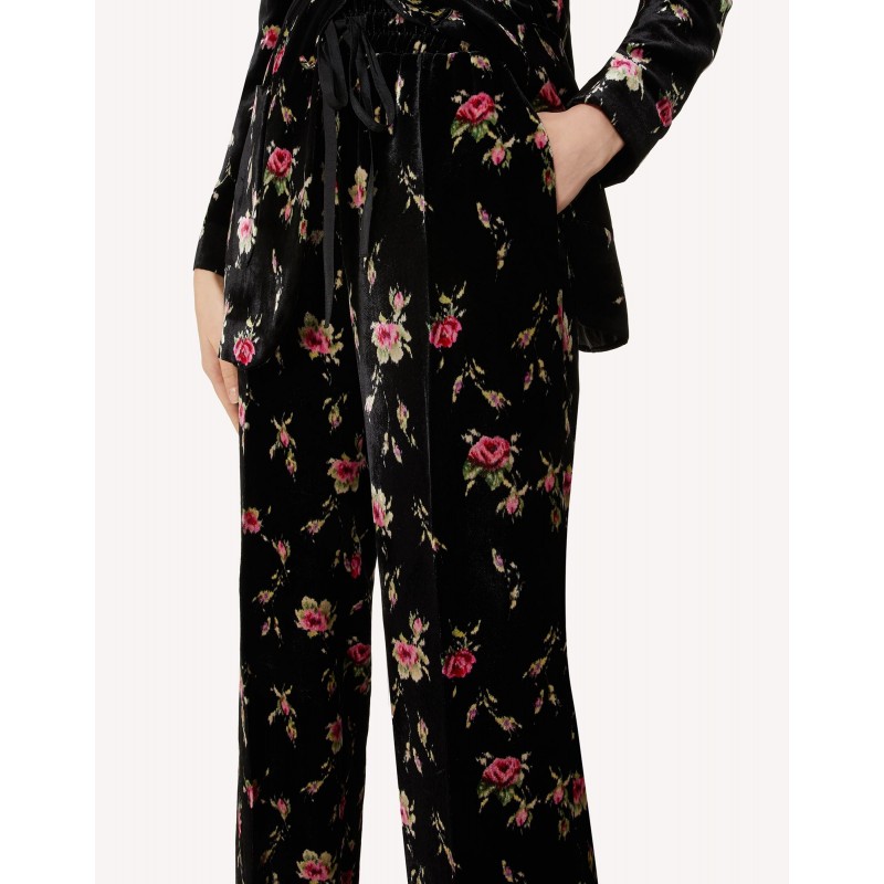 RED VALENTINO - Pantalone in Velluto a Stampa SWEET ROSES - Nero