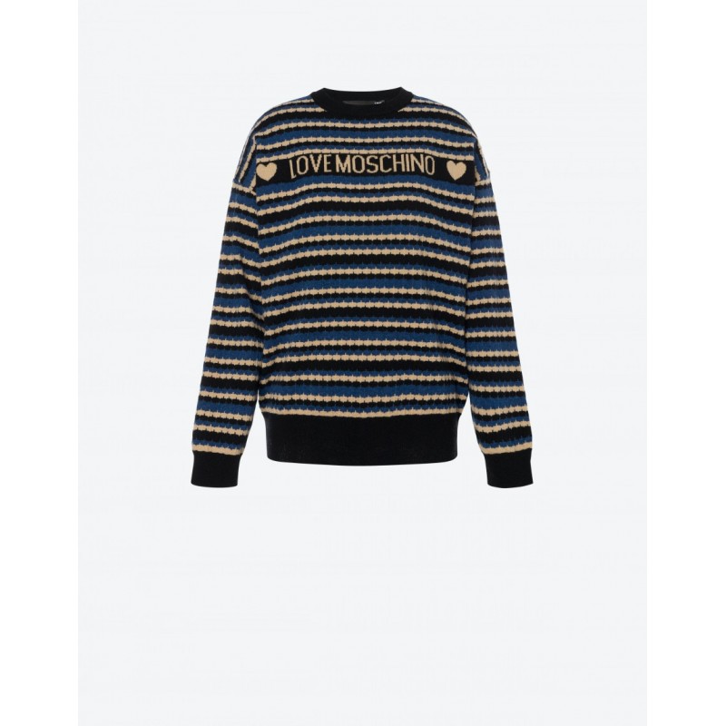 LOVE MOSCHINO - Striped Logo Wool Knit - Blue/Black/Camel