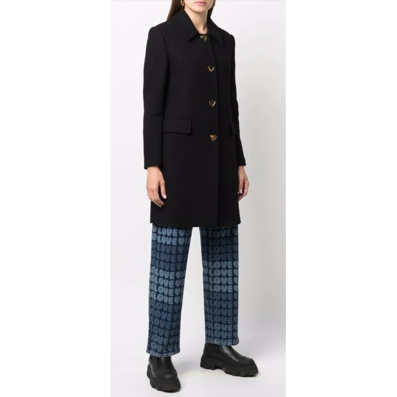 LOVE MOSCHINO - Blended Wool Coat with Heart Buttons - Black