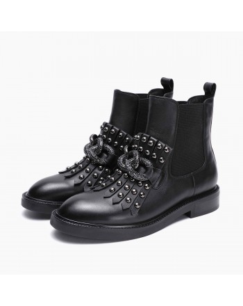 EMANUELLE VEE - Leather Beatles Boots with Chain- Black