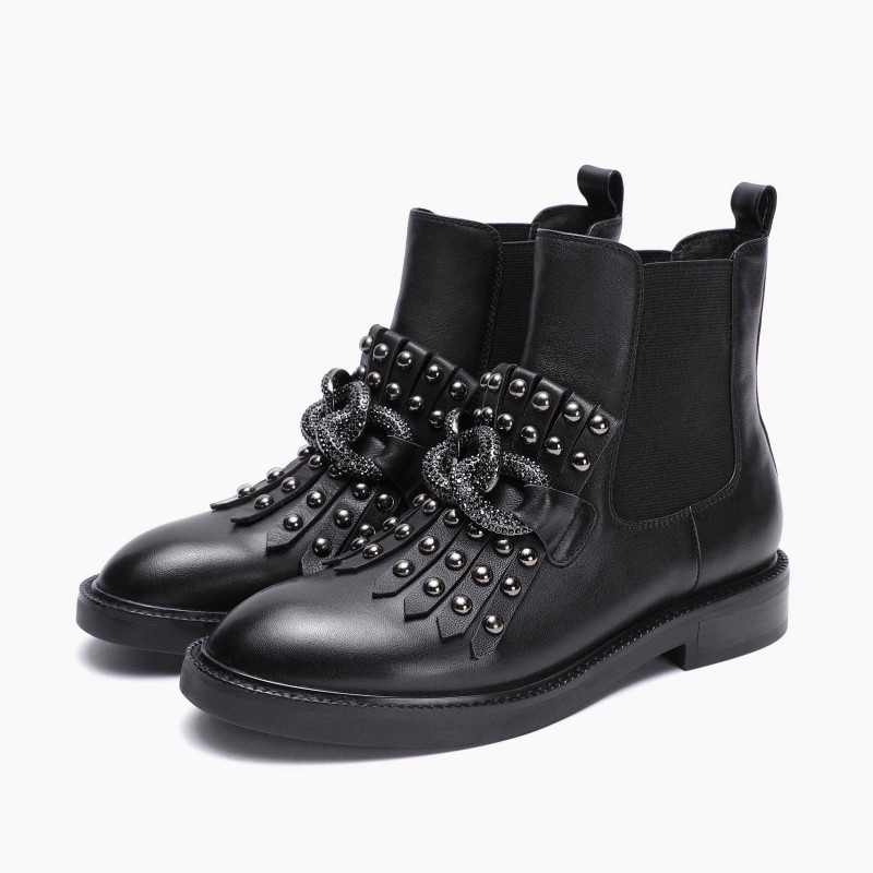 EMANUELLE VEE - Leather Beatles Boots with Chain- Black