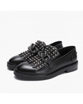 EMANUELLE VEE - Leather Loafers Boots with Chain- Black