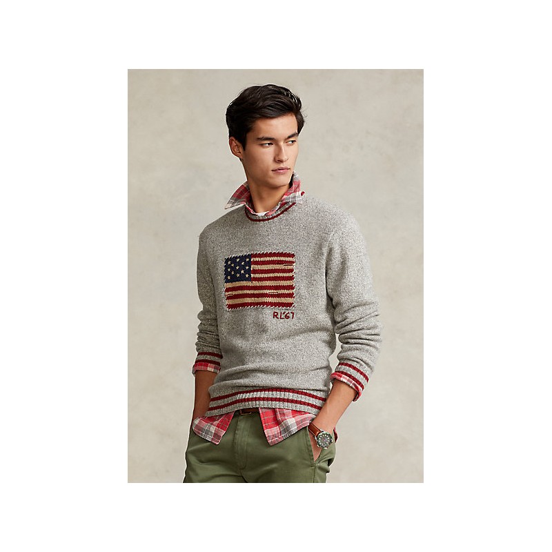 POLO RALPH LAUREN - Mottled sweater with flag 710850101 - Fawn Gray