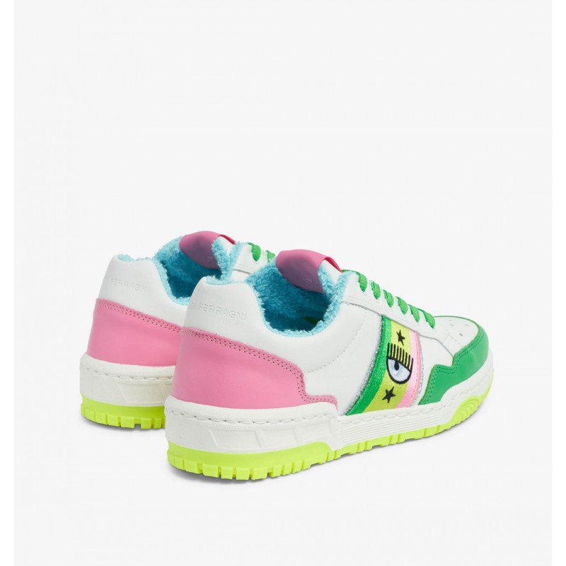 CHIARA FERRAGNI - Sneakers  in pelle bianca con dettagli multicolore - Pink/Green