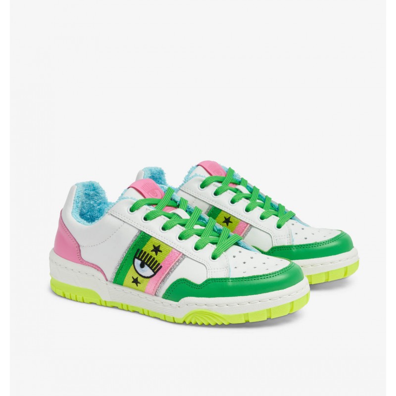CHIARA FERRAGNI - White leather sneakers with multicolored details - Pink/Green