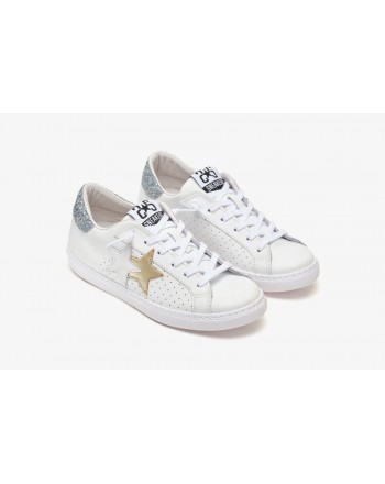 2 STAR- Leather sneakers 2SD3411-108-B - White / Gold / Silver