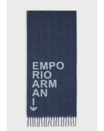 EMPORIO ARMANI - Wool and Alpaca  Logo Scarf - Blue Night