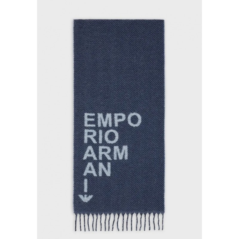 EMPORIO ARMANI - Wool and Alpaca  Logo Scarf - Blue Night