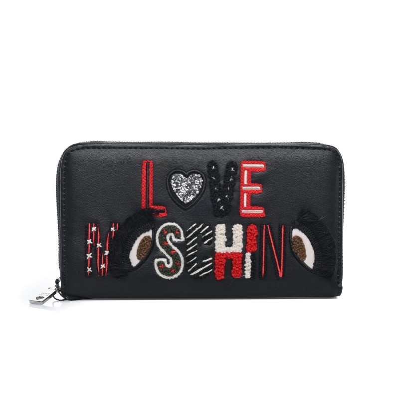 LOVE MOSCHINO - Zip around wallet in faux leather with embroidered logo - Black