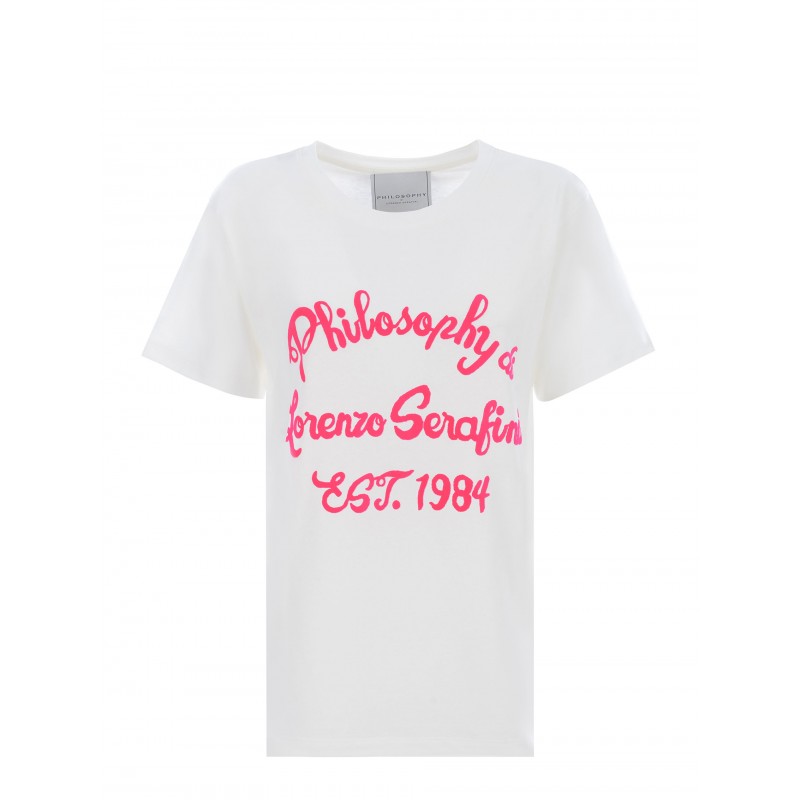 PHILOSOPHY di LORENZO SERAFINI - T-Shirt in Cotone con Logo Fucsia - Bianco