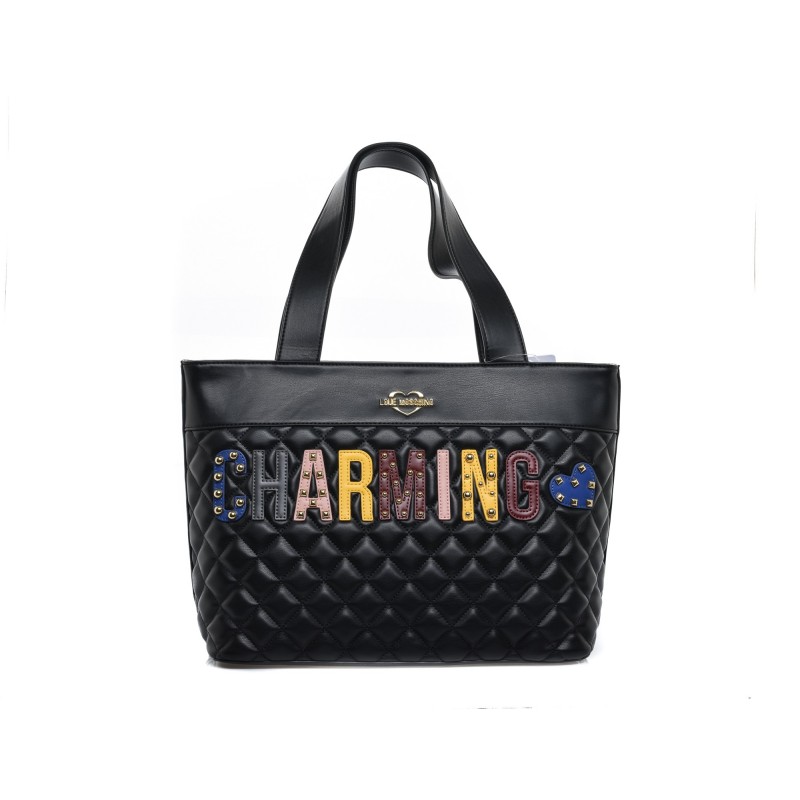 LOVE MOSCHINO -  Shopping bag CHARMING in ecopelle trapuntata con patch - Nero