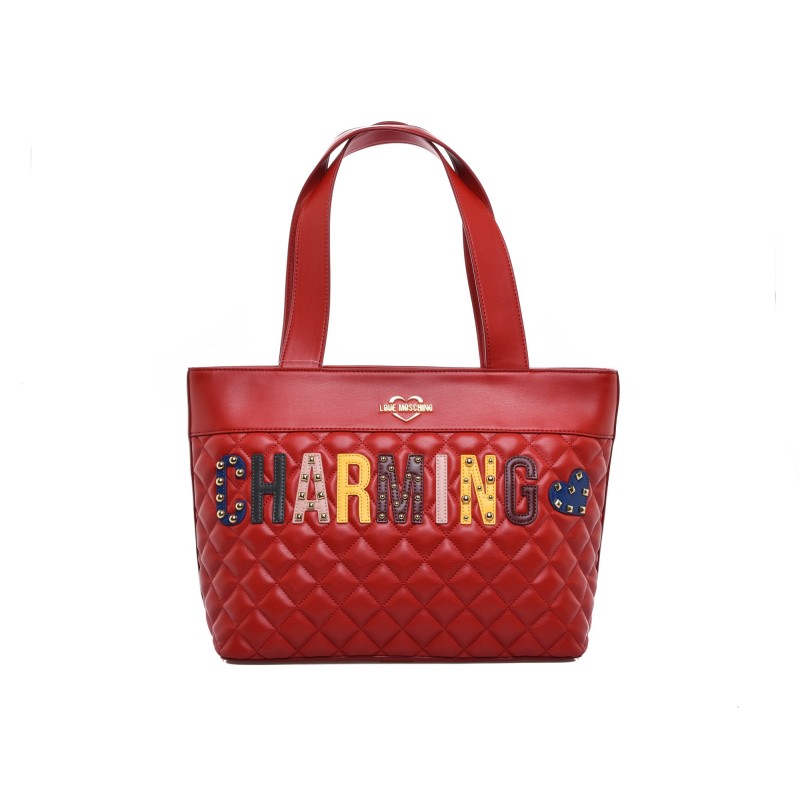 LOVE MOSCHINO -  Shopping bag CHARMING in ecopelle trapuntata con patch - Rosso