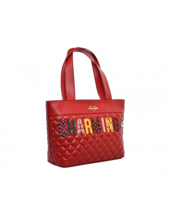 LOVE MOSCHINO -  Shopping bag CHARMING in ecopelle trapuntata con patch - Rosso