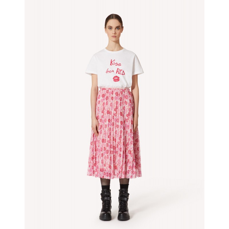 RED VALENTINO - LIPS Patterned Pleated Skirt- Pink