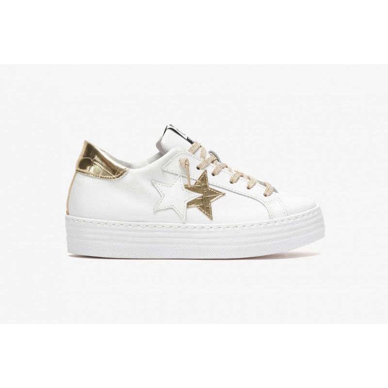 2 STAR- Sneakers 2SD3672  Pelle - Bianco/Oro/Cocco