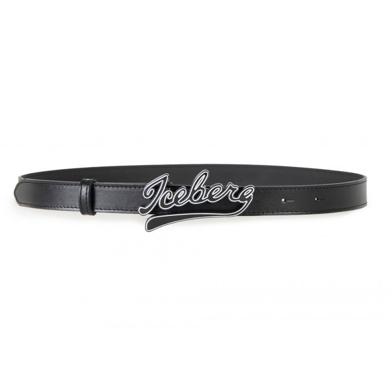 ICEBERG - Leather Baseball Logo Belt - Black