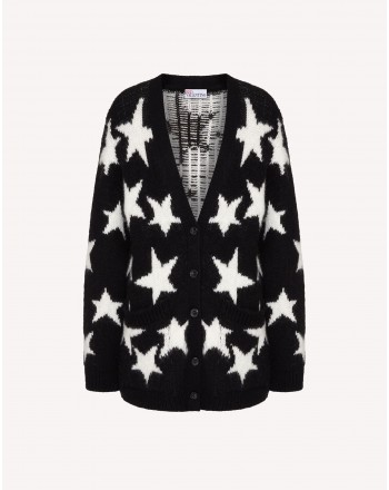 RED VALENTINO - Blended Mohair Stars Patterned Cardigan Knit - Black/Ivory