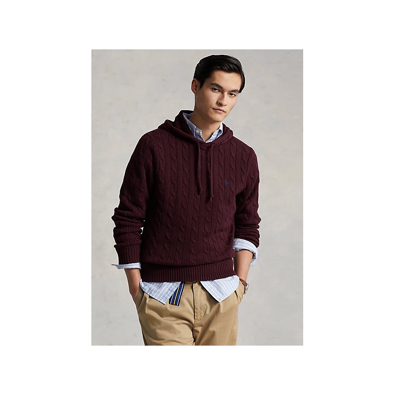 POLO RALPH LAUREN - Cable-knit cotton hooded sweater - Wine