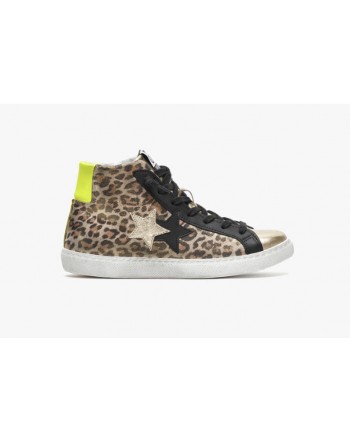 2 STAR- High Sneakers 2SD3678-191 Leather - Leopard / Gold / Yellow