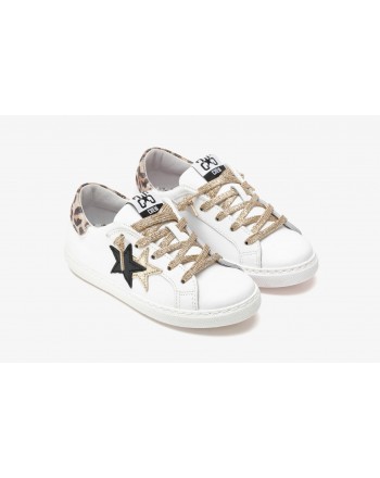 2 STAR BABY - Sneakers 2SB2628-135 Pelle - Bianco/Nero/Oro/Leopardo