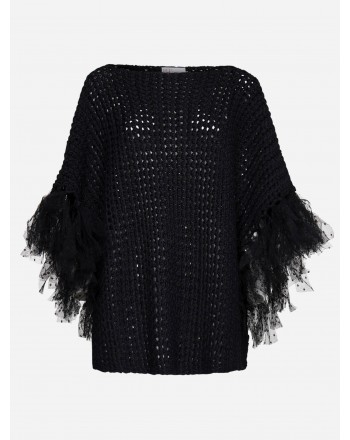 RED VALENTINO - Wool Poncho with Tulle Fringes - Black