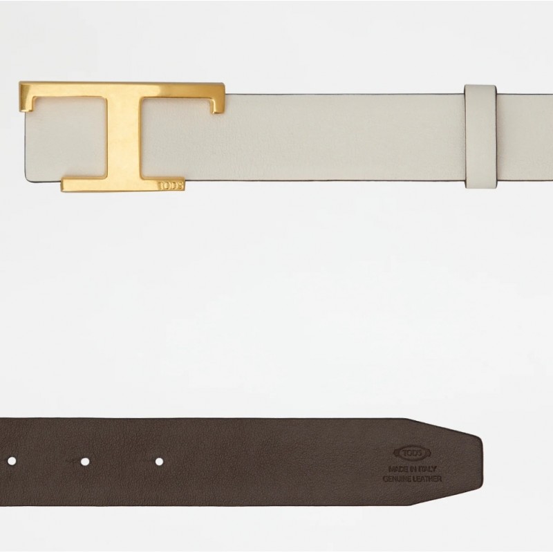 TOD'S - Cintura Reversibile in Pelle con Logo T - Bianco/Marrone