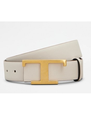 TOD'S -  Leather Reversible  Belt with T Logo - White/Brown