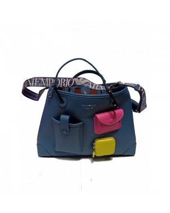 EMPORIO ARMANI - Shopping Bag with Outside Pockets- Denim/Lime/Fuchsia