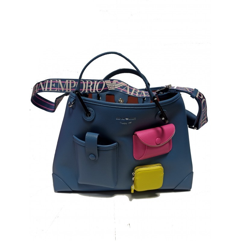 EMPORIO ARMANI - Shopping Bag with Outside Pockets- Denim/Lime/Fuchsia