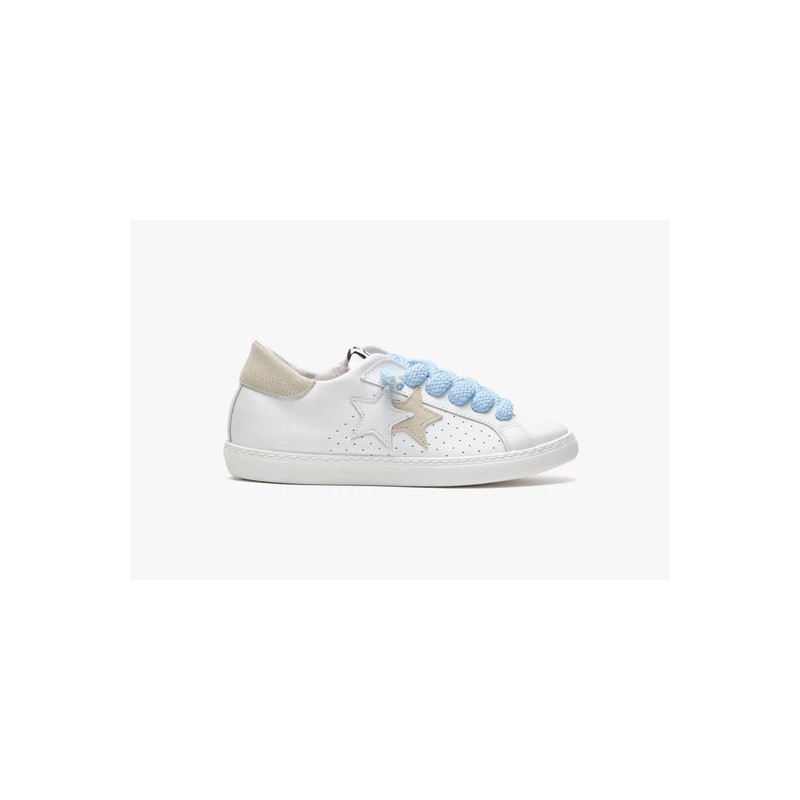 2 STAR  - Sneakers Pelle - Bianco/Ghiaccio/Celeste