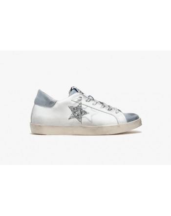 2 STAR - Leather sneakers with glitter details - White/Light blue
