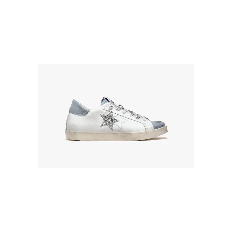 2 STAR - Leather sneakers with glitter details - White/Light blue