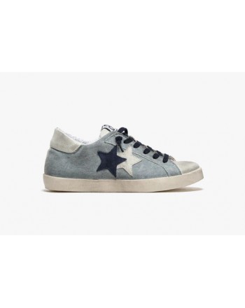 2 STAR - Leather and Cotton Sneakers - Jeans/Ice/Blue