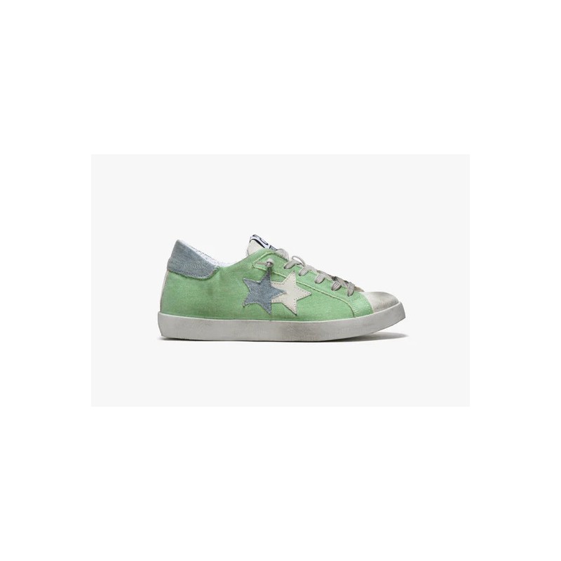 2 STAR  - Sneakers in Canvas Pelle e Cotone - Verde/Ghiaccio