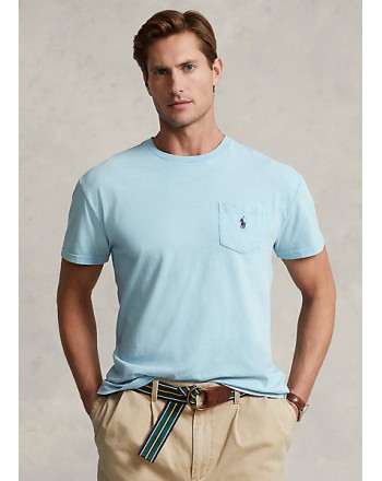 POLO RALPH LAUREN - Cotton and linen t-shirt with breast pocket - Power Blue